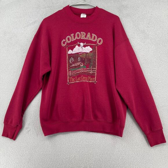 Vtg Colorado Sweatshirt Adult L Red The Last Great Place Log Cabin Western 90s - Picture 2 of 14